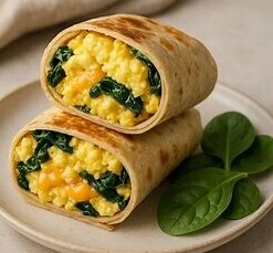 Halved breakfast burrito showing eggs, spinach, and melted cheese on a plate.