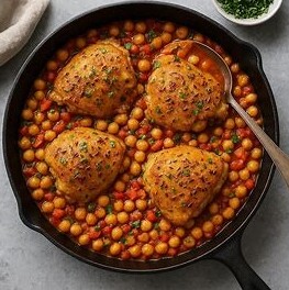 White bowl filled with cumin-spiced chicken and chickpeas in a rich tomato broth.