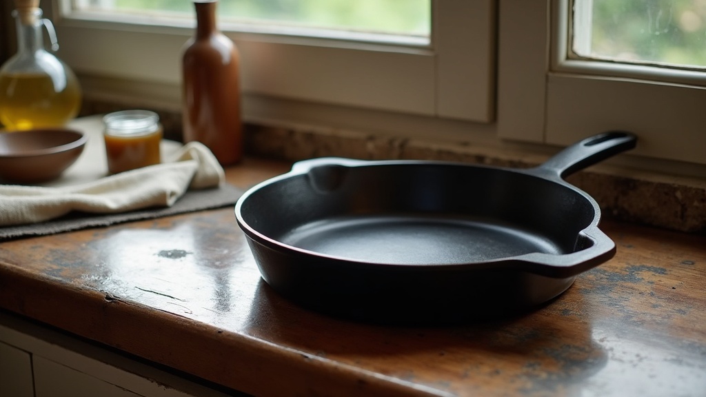 A classic cast iron skillet on a rustic kitchen countertop with a small container of oil and a folded towel nearby.