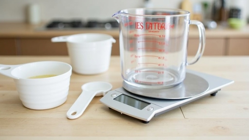 A collection of kitchen tools for measuring and weighing baking ingredients, such as a digital scale, dry measuring cups, and a clear liquid measuring jug on a kitchen counter.