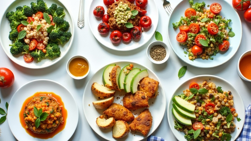 A colorful spread of quick, healthy weeknight dinners with fresh ingredients on a kitchen countertop.