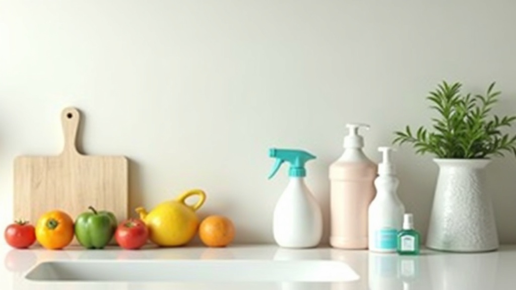 Bright, clean kitchen countertop with cleaning supplies and fresh produce neatly arranged nearby.