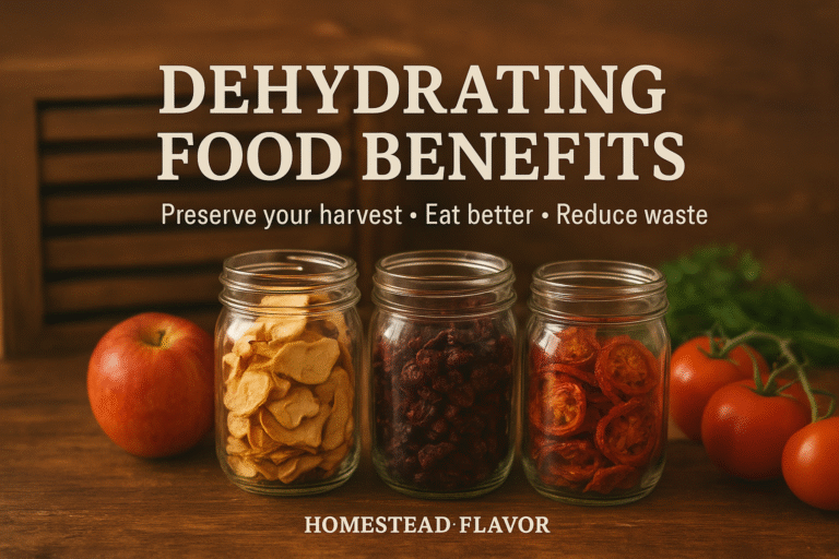 Jars of dried apples, berries, and tomatoes on a rustic wooden table with fresh produce beside them, illustrating the benefits of dehydrating food at home.