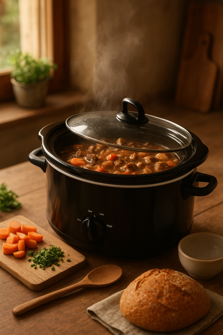 Crockpot stew with vegetables and herbs on a wooden counter, promoting energy-efficient slow cooking for busy families