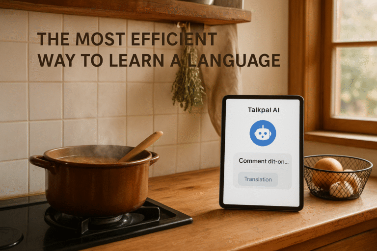 Tablet displaying Talkpal AI language app beside a simmering pot in a rustic kitchen, symbolizing the most efficient way to learn a language while cooking and living simply.