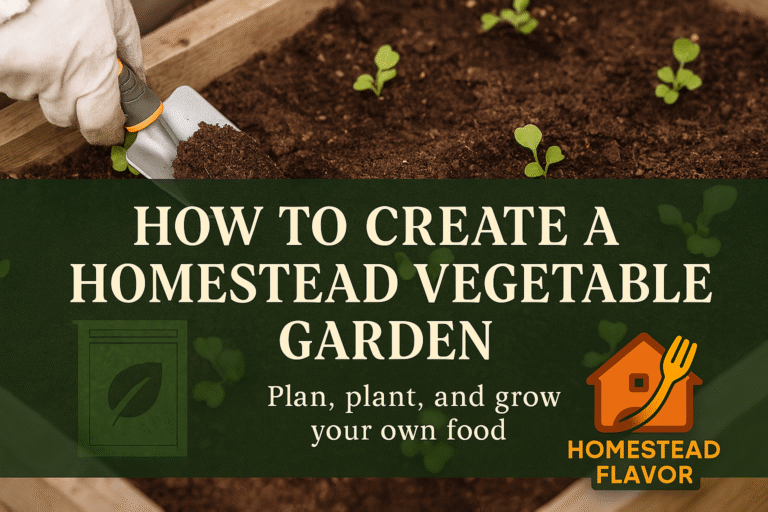 Rustic raised garden bed with seedlings and a gardener’s hand using a trowel, overlaid with the text “How to Create a Homestead Vegetable Garden” and the Homestead Flavor logo.