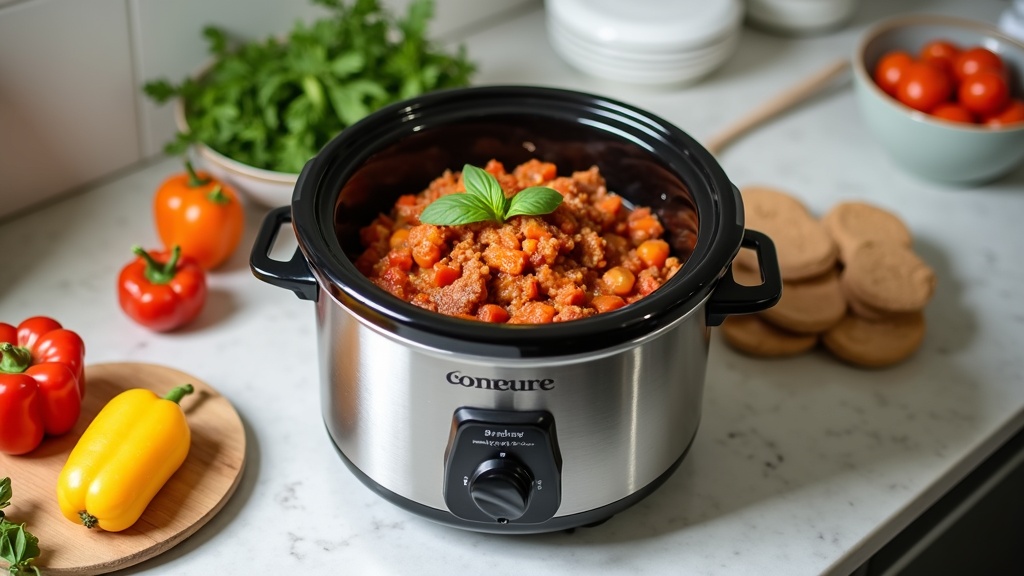 A modern slow cooker on a tidy kitchen counter, filled with a hearty stew surrounded by fresh vegetables.