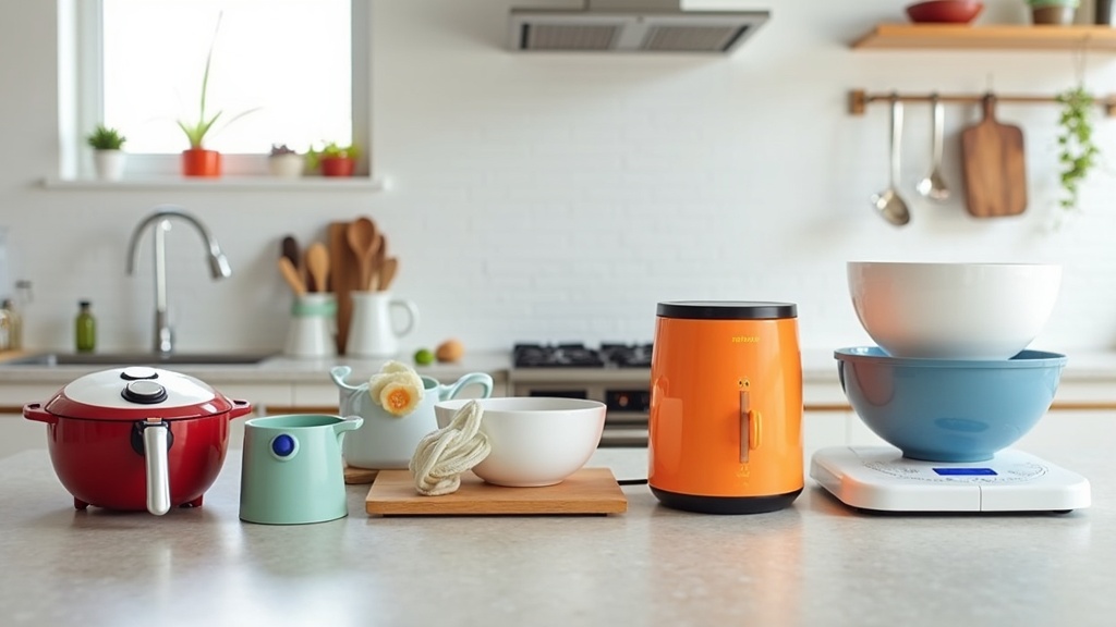An assortment of colorful, innovative cooking gadgets on a kitchen counter
