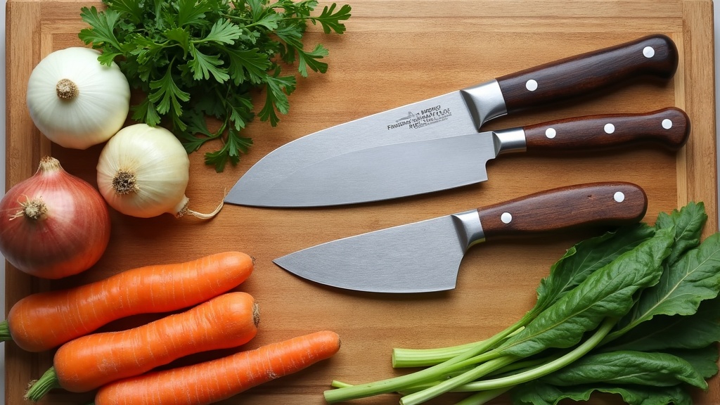 Assortment of kitchen knives, vegetables, and a cutting board