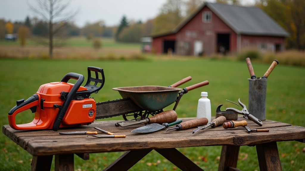 Essential Homesteading Tools on a rustic table, featuring chainsaw, wheelbarrow, hand tools, and gardening gear