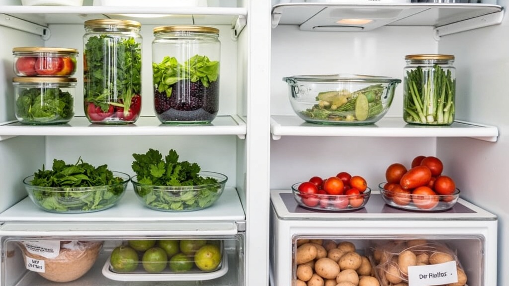 Fresh produce organized in fridge and pantry