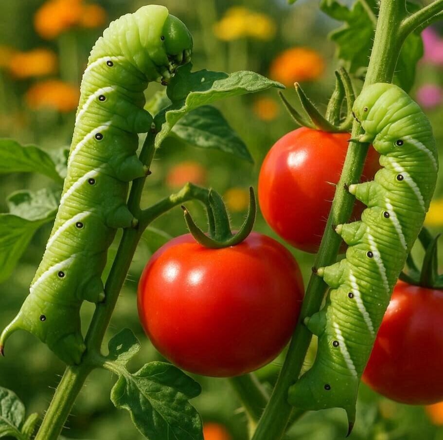 Hornworm eating a tomato plant
