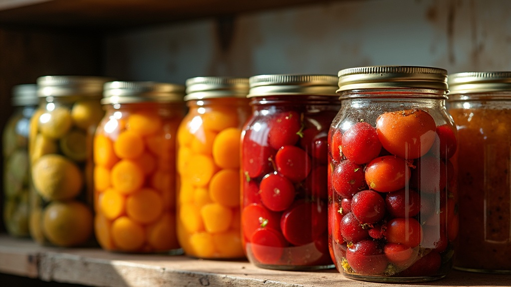 Rows of colorful preserved jars filled with pickled vegetables, fruits, and jams on a rustic kitchen shelf, sunlight streaming in.