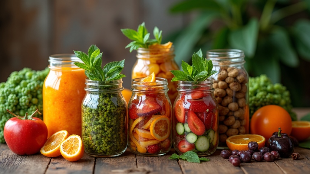 Various dehydrated fruits and vegetables in glass jars on a rustic wooden table, surrounded by fresh produce and a home food dehydrator