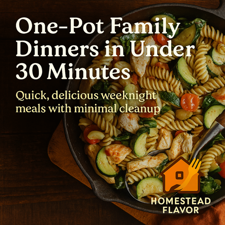 Rustic one-pot family dinner in a cast iron skillet with chicken, rotini pasta, zucchini, and tomatoes on a wooden table — easy 30-minute weeknight meal from Homestead Flavor.