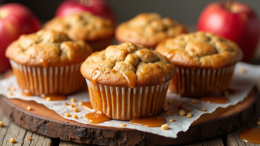 Apple caramel muffins on a rustic kitchen counter with fresh apples and drizzle of caramel sauce